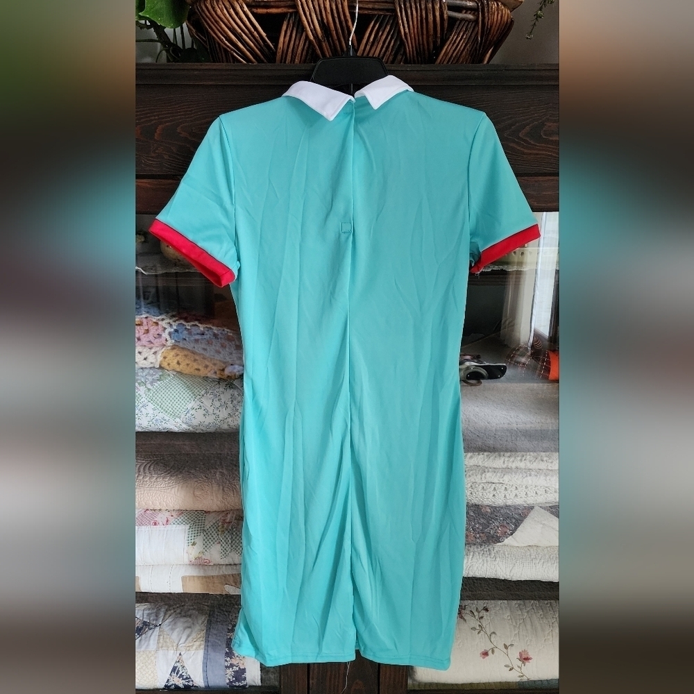 Women's Teal Nurse Halloween Costume with Blood Stains - Picture 6 of 9